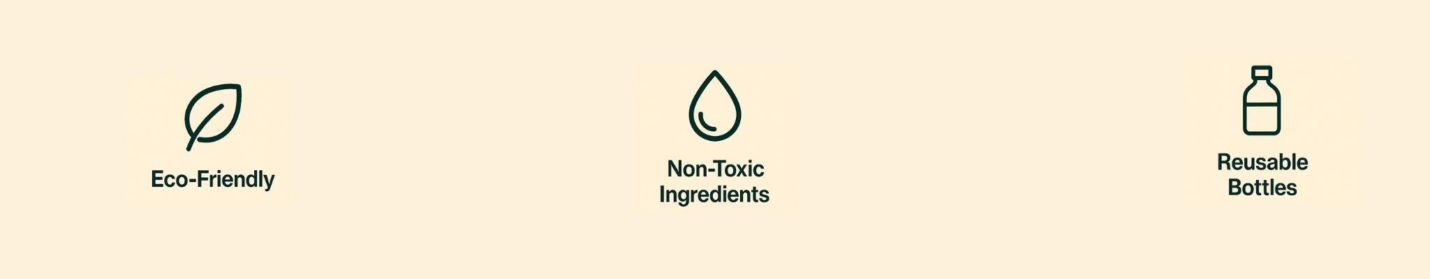 leave in the left side eco friendly, middle water drop non toxic ingredients and right side a bottle reusable bottles.