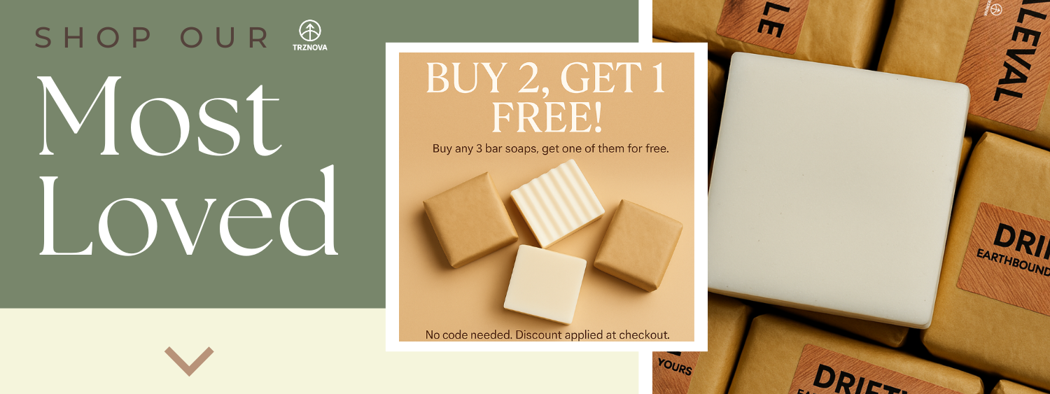 Shop our most loved Body Soap, special promotion. left side showing handmade soap with packed soap in the background